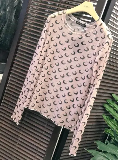 beige pink black Летняя футболка с рисунком клубники, длинный рукав, тонкий короткий топ, Сетчатая футболка, женская футболка, женская футболка(R77792 - Цвет: beige pink black