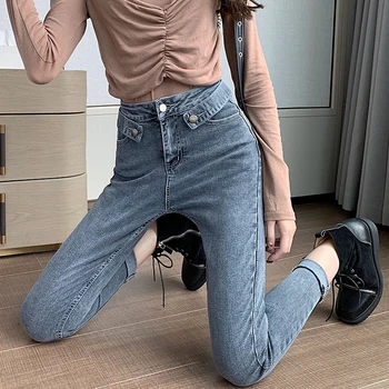 

High Waist Jeans Women 2020 Spring Decoration Belt Stretch Personality Nine Points Pencil Pants