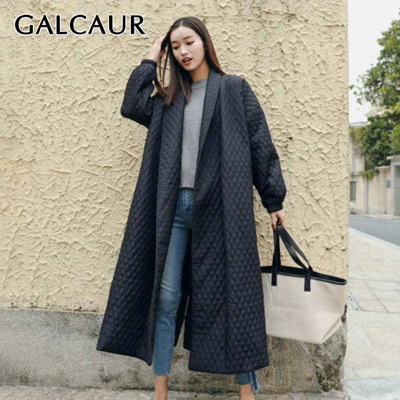 

CHICEVER Korean Plaid Winter Jacket Women Lapel Collar Lantern Sleeve Oversize Loose Thick Long Female Parkas 2019 Fashion New