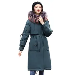 2019 модная Корейская верхняя одежда, куртки с капюшоном и длинными рукавами, с хлопковой подкладкой, с карманами, Бандажное зимнее пальто