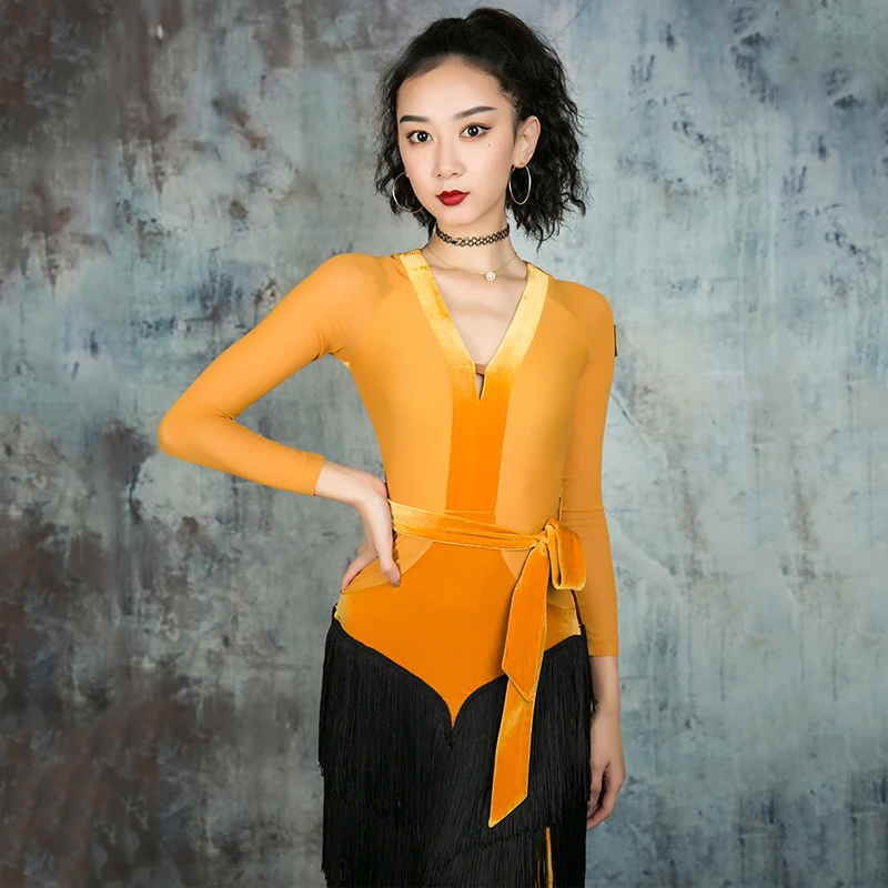 Orange Dress Высокое качество, танцевальное платье, костюм для латинских танцев, платье с бахромой для выступлений, Румба, платье с длинным рукавом, конкурентное платье для латинских танцев BL2851 - Цвет: Orange Dress