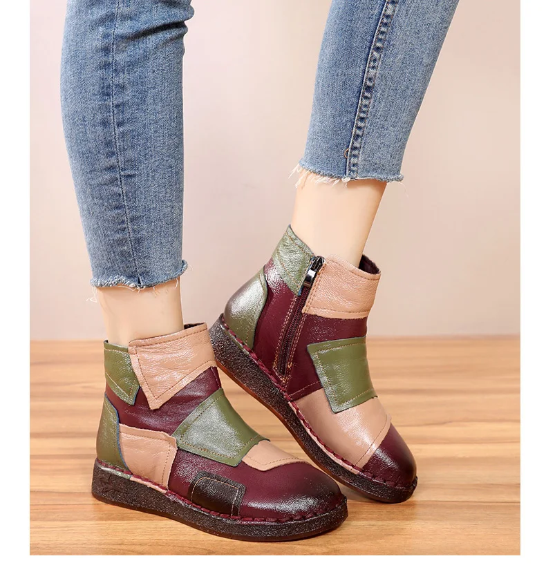 OUKAHUI/осенние теплые винтажные женские ботильоны из натуральной кожи; зимняя повседневная обувь; разноцветные женские полусапожки без шнуровки