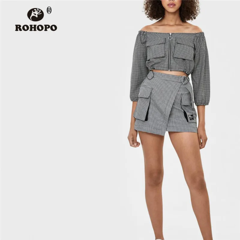 

ROHOPO Slash Neck Houndstooth Three Quarter Sleeve Zipper Fly Blouse Flaps Welt Pockets Drawstring Hem Crop Top Blusa #9531