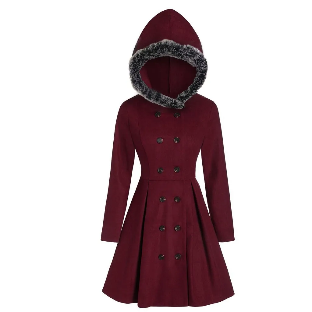 

Womens Coat Hooded Plus Size Double Breasted Plus Velvet Warm Slim Fit Long Coat Winter Solid Long Sleeve Tops #Zer