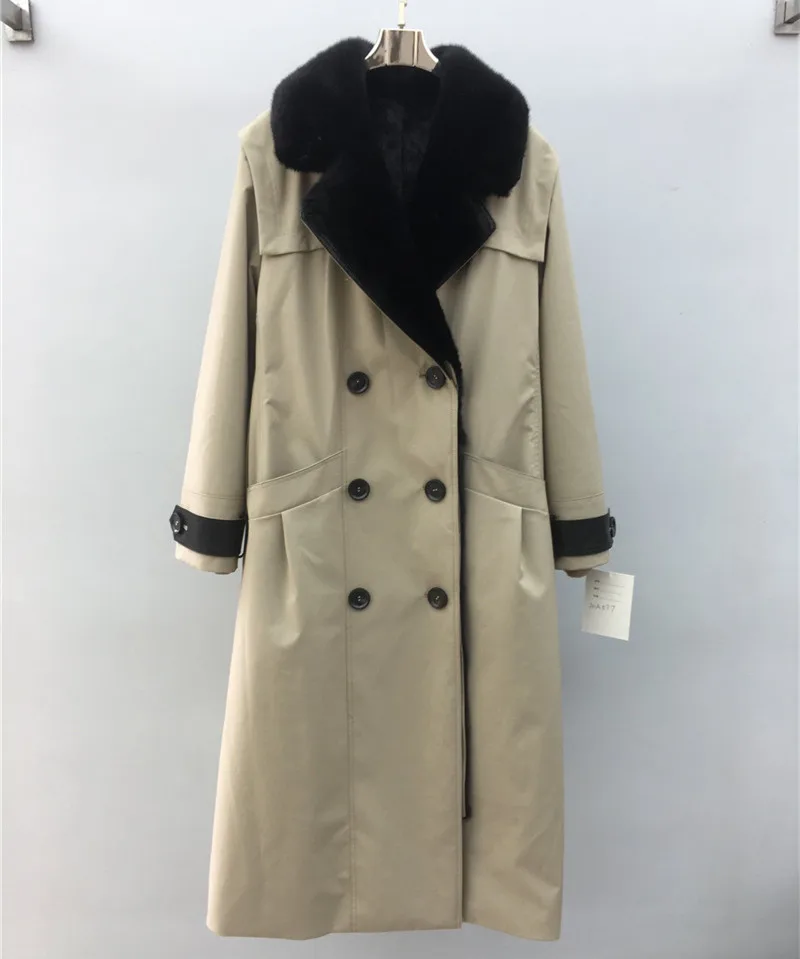 

women winter real fur parka coat jacket mink fur collar and mink fur liner Long trench overcoat with belt