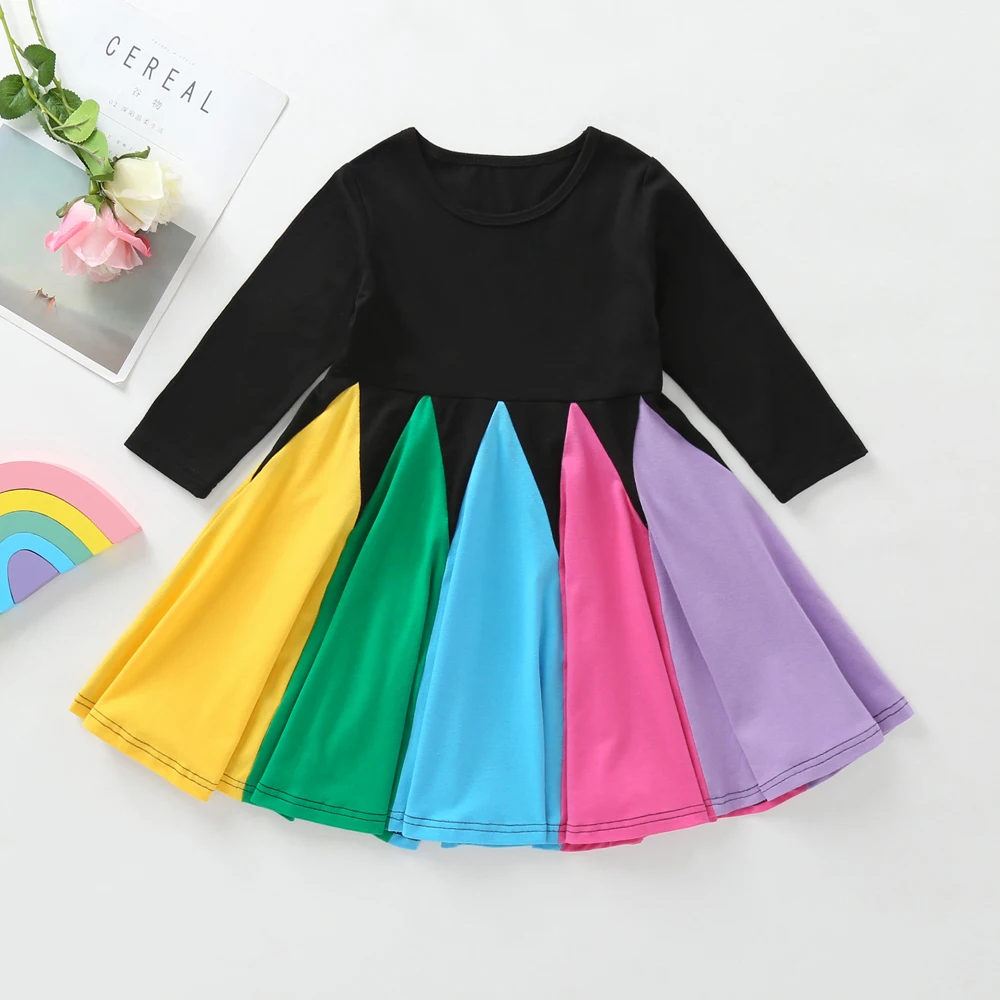 PUDCOCO/модное Радужное платье для маленьких девочек Хлопковое детское платье осенняя одежда с длинными рукавами