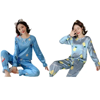 

2pcs Bowknot Ice Silk Pajamas Set Women Loose Long Sleeve Round Neck Breathable Personality Soft Printing Sleep Jumper Pants