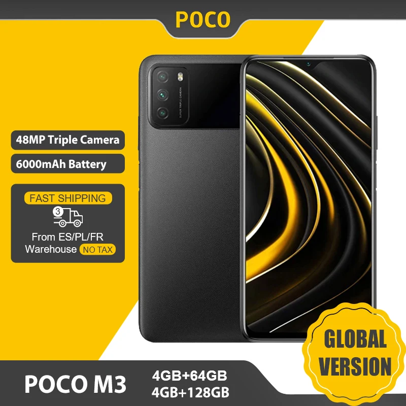 POCO-teléfono inteligente M3 versión Global, 4GB y 64GB/128GB, Snapdragon 662, pantalla de 6,53 pulgadas, batería de 6000mAh, cámara de 48MP
