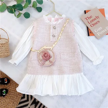 

2020 Autumn New Arrival Girls Long Sleeve Tweed Dress Kids Princess Dress with Bag Girls Dress