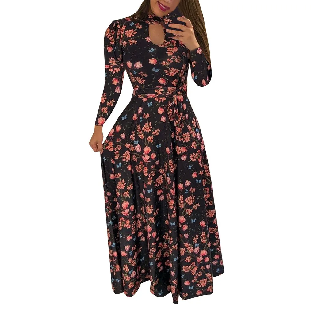 Винтажное длинное платье для женщин, большие размеры, 5XL, 8 цветов, с длинными рукавами, с круглым вырезом, на пуговицах, с цветочным принтом, Осеннее свободное платье для женщин