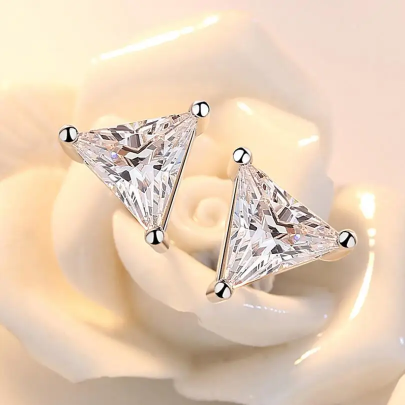 925 Sterling Silver Fine Jewelry AAA+ Zirconia geometry Triangle Stud Earrings For Women brincos de prata S-E210