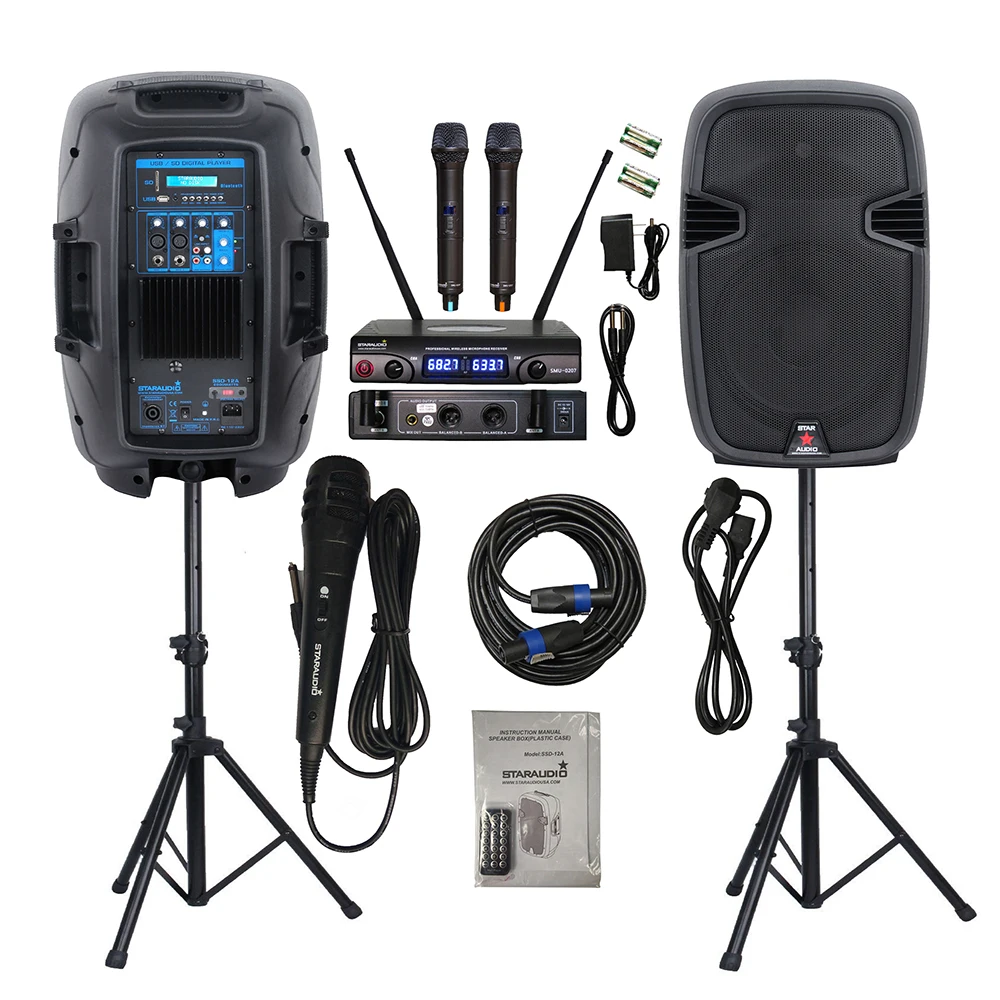 

STARAUDIO Pair 2000W 12" PA DJ Powered Audio Speakers Stage Stands Cable Wired Mic 2CH UHF Wireless Handheld Microphone SSD-12A