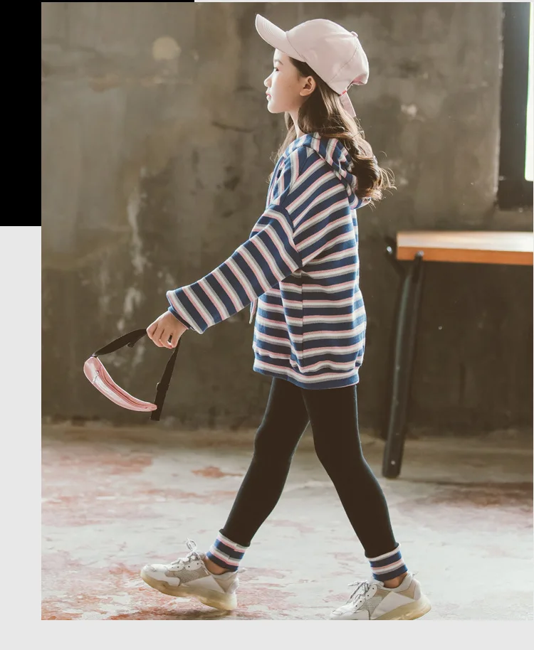 Комплекты одежды для девочек коллекция года, осенне-зимние повседневные полосатые штаны в Корейском стиле с капюшоном+ длинные штаны комплект из двух предметов для 7, 8, 9, 10, 12, 14 лет