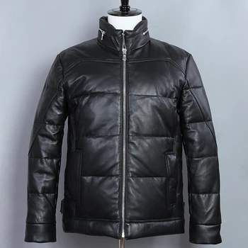 

Men Sheepskin White Duck Down Slim Stand Collar Black Winter Coat Genuine Leather Jacket