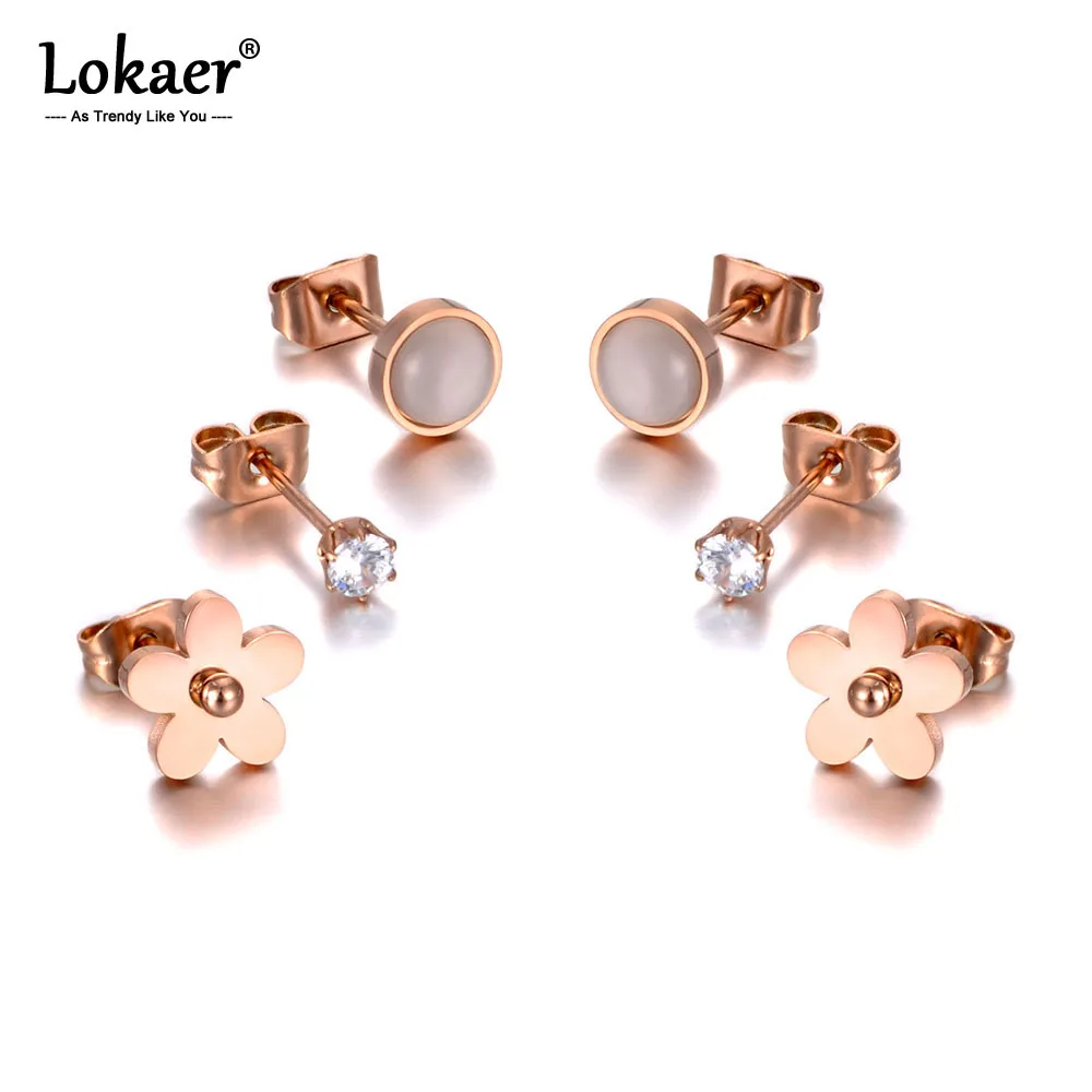 Lokaer Trendy Titanium Stainless Steel Flower Rhinestone Earrings Jewelry 3Pair/Set CZ Crystal For Women Girls E20039 | Украшения и