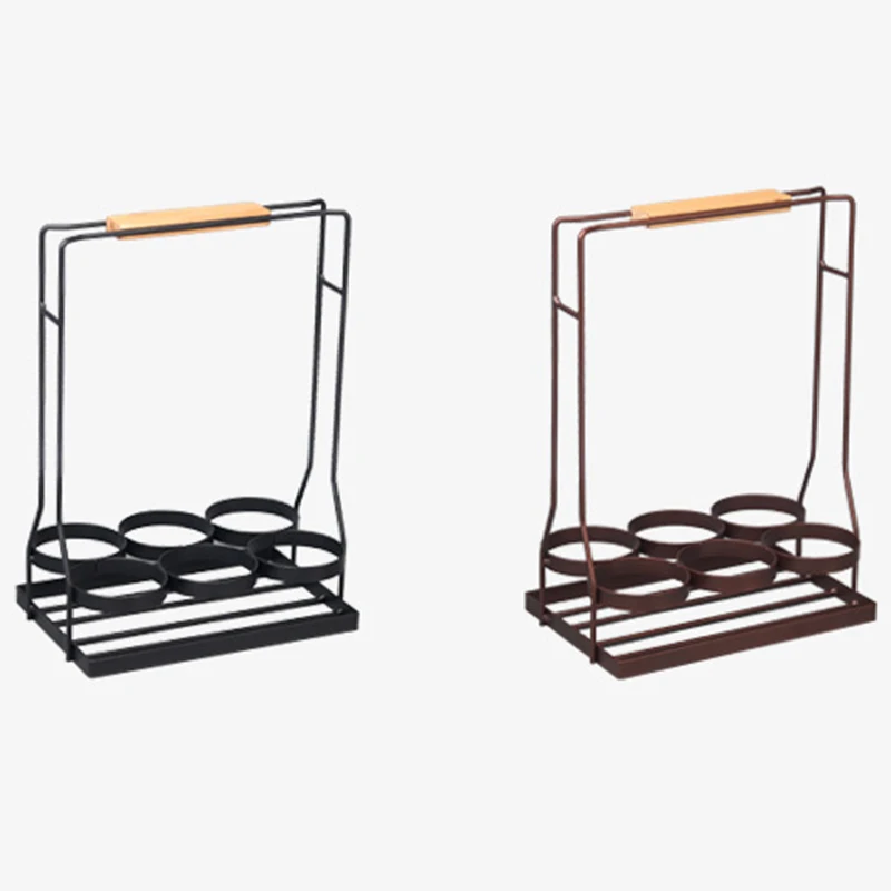 6 Bottle Wine Caddy Sturdy Black Coated Frame Protects Bottles.Real Natural Wood Handle Folds For Compact Storage