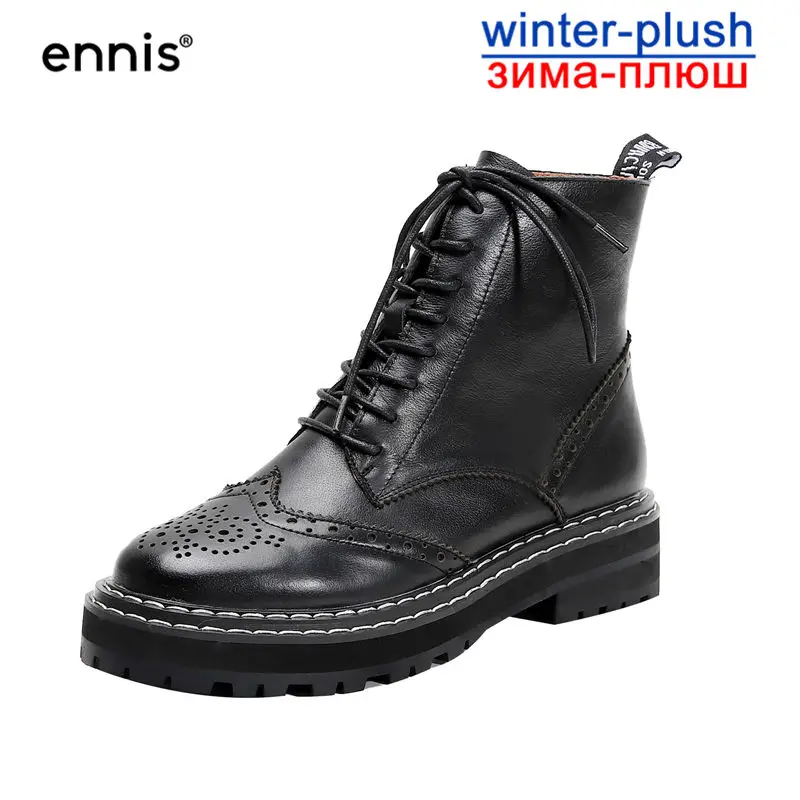 ENNIS Brand Ankle Martin Boots Women Brogue Shoes Lace Up Genuine Leather Platform Boots Fashion Autumn Winter Boots A9365 - Цвет: Black Plush Inside