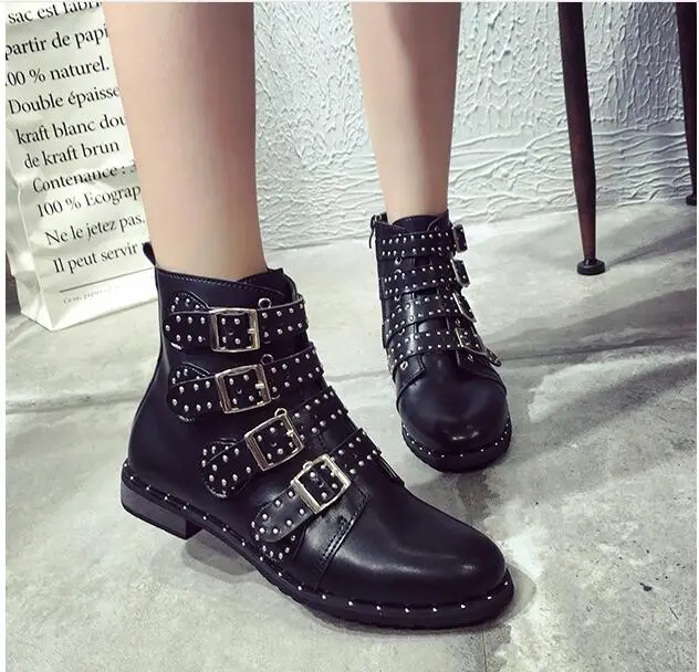 

Rivets Faux Leather Booties Buckle Straps Thick Heel Black Ankle Women Boots Studded Decorated Woman Boots Motorcycle