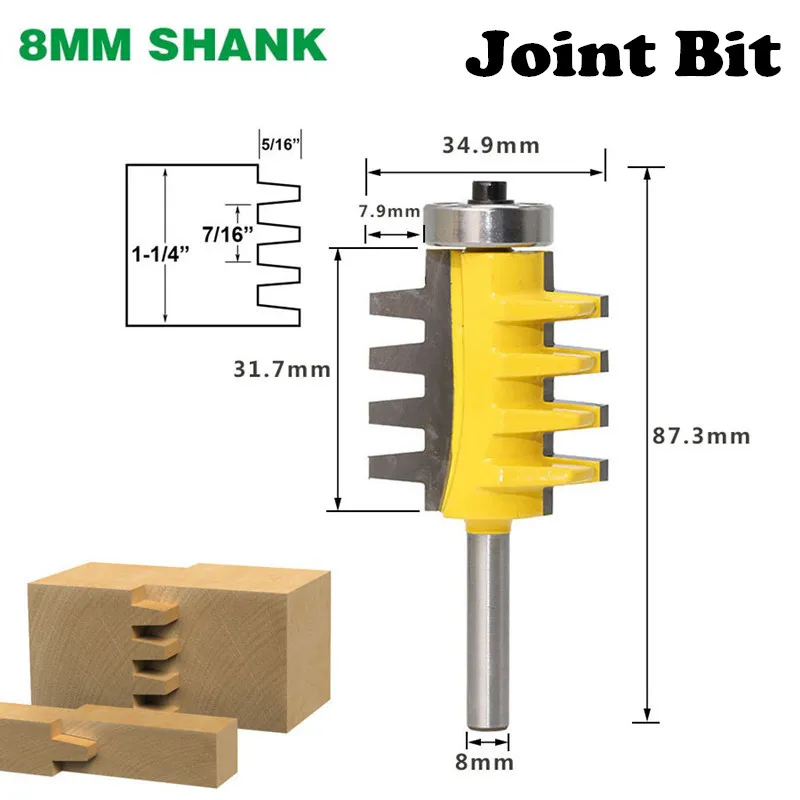 Quality 1pc 8mm Shank Cone Tenon Woodwork Cutter Wood Power Router Cutter Tools Rail Reversible Finger Joint Glue Router Bit