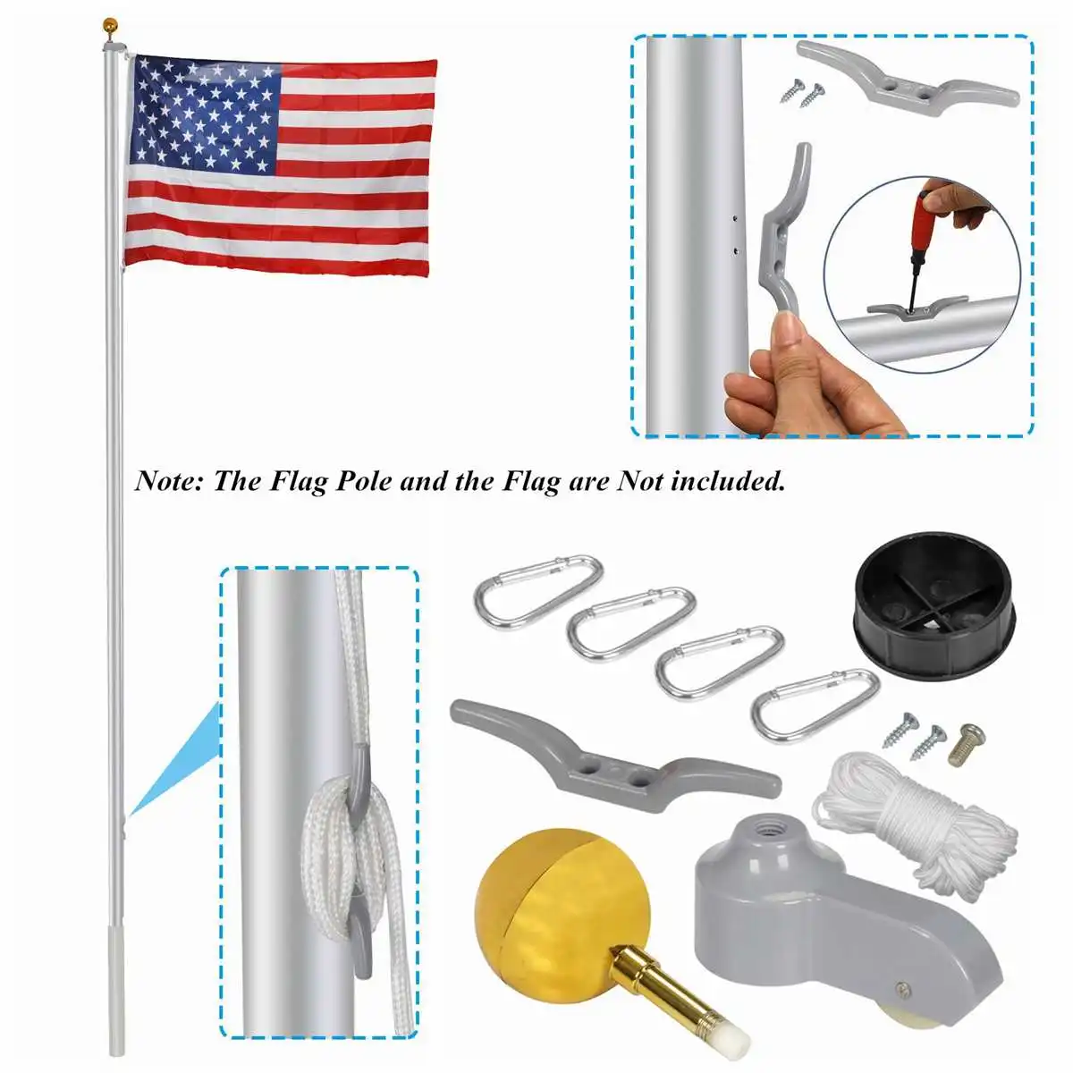 

12PCS Flag Pole Accessories Parts Repair Kit Truck Premium Pulley Gold Metal Ball Halyard Cleat Clips with 12M Length Rope