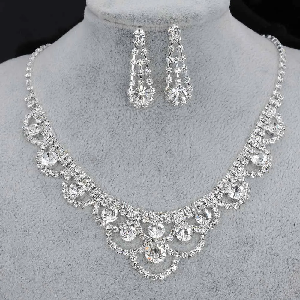 

New Elegant Crystal Bridal Jewelry Set Silver Color Rhinestone Choker Necklace Earrings African Wedding Jewelry Sets for Women