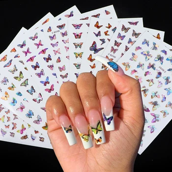 

Laser Butterfly Nail Stickers Adhesive Sliders 3D Holographic Back Glue Colorful Nail Transfer Decals Foils Wraps DIY Decoration