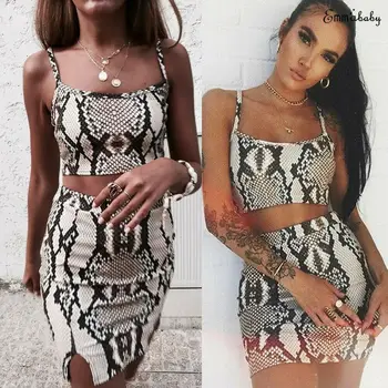 

2020 Sexy Ladies Snake Print Two Piece Set Streetwear Summer Sleeveless Bandage Crop Top Skirt set Party Club 2 piece set Women