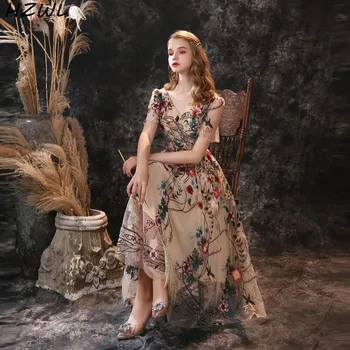 

Flowers Embroidery Prom Dresses Real Images V Neck Short Sleeves Evening Dress Lace Up Tea Length Party Gowns