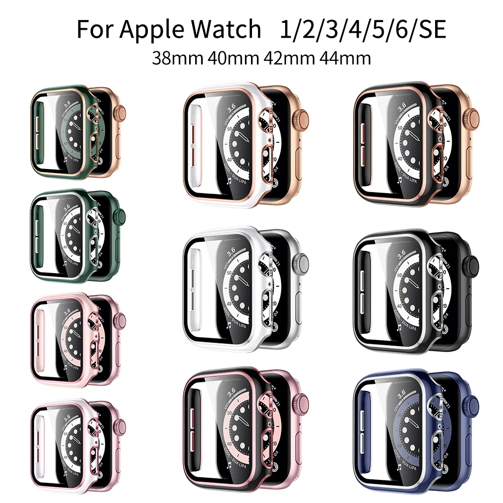 Funda protectora de cristal + funda completa para Apple Watch, accesorio para carcasa de reloj Apple Series 6 SE 5 4 3 2 iWatch de 44mm 40mm 42mm 38mm