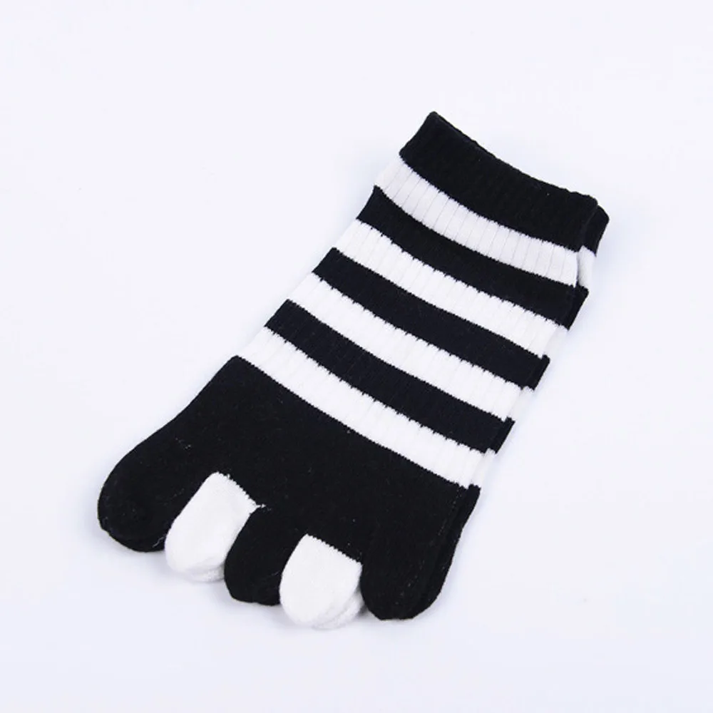 Long Cute Socks Women Cat Socks Cotton Socks Cartoon Stripe Five Finger calcetines mujer divertido chausette femme носки хлопок - Цвет: Black Stripe