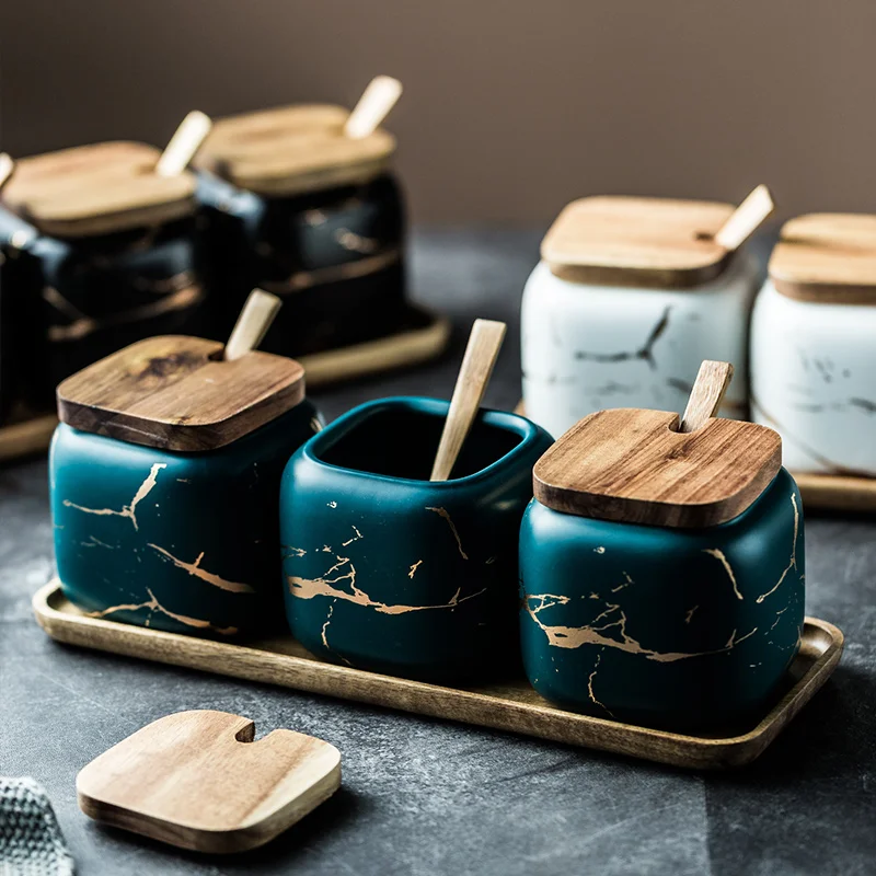  Nordic Style Ceramic Matte Marbled Seasoning Jar Oil Salt Cans Household Seasoning Box Kitchen Bott - 4000062817089