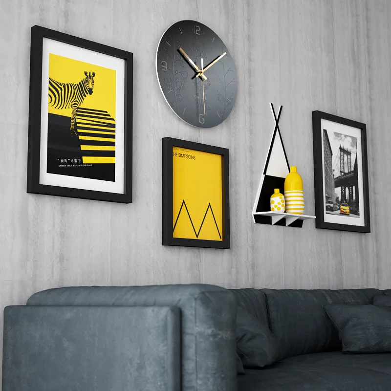 

European Style Home Design Classic Photo Frame Wall Decoration Wooden Picture Frame Set with Clock Modern Painting Living Room