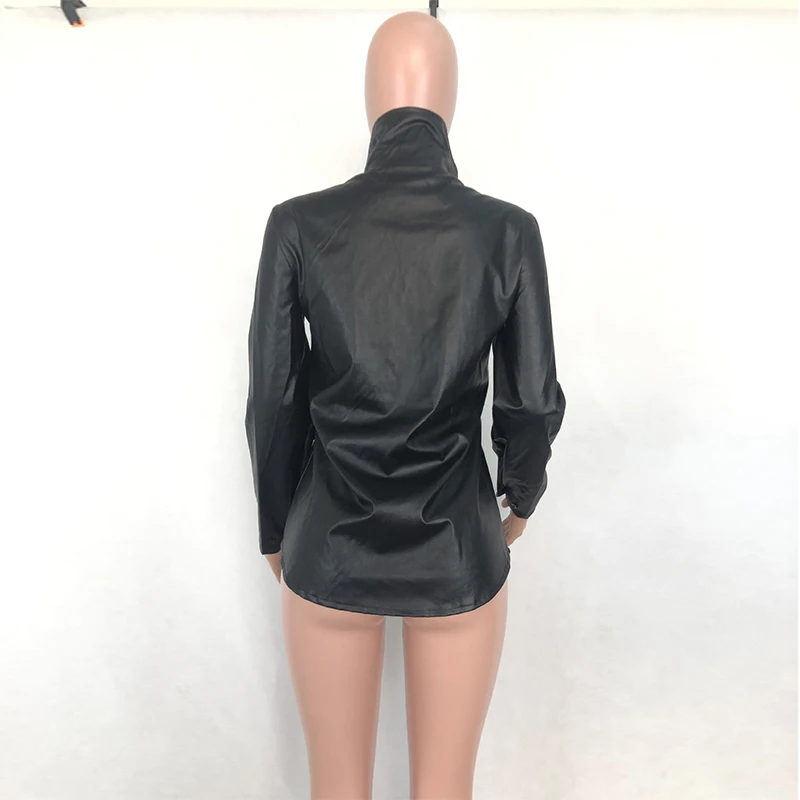 Пикантные женские кожаные водолазки из искусственной кожи на пуговицах,, с отложным воротником, черные женские майки и футболки, большие размеры, осенняя Тонкая блузка с длинными рукавами
