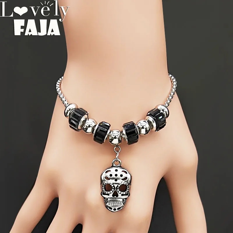 Готический браслет-цепочка из нержавеющей стали со стеклянными бусинами и черепами для женщин серебряный браслет ювелирные изделия pulceras para mujer moda B18557
