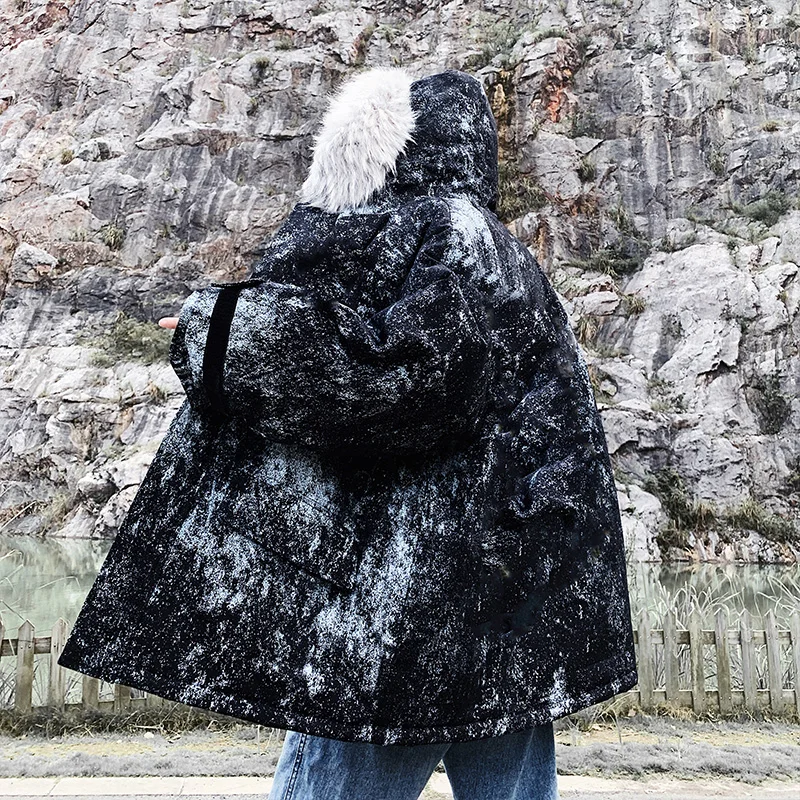 Black Camouflage Уличная мужская зимняя куртка с большим мехом, толстое теплое мужское зимнее пальто, камуфляжная Мужская парка, верхняя одежда для влюбленных - Цвет: Black Camouflage