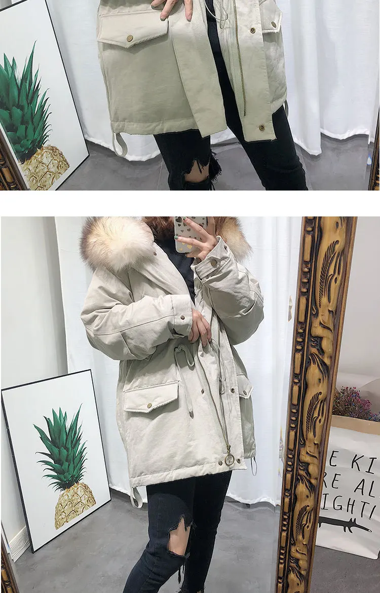 Новинка зимы Стиль корейско-Стиль Slim Fit знаменитости Стиль; с высокой талией облегающие большой меховой воротник пуховик nv один преодолеть