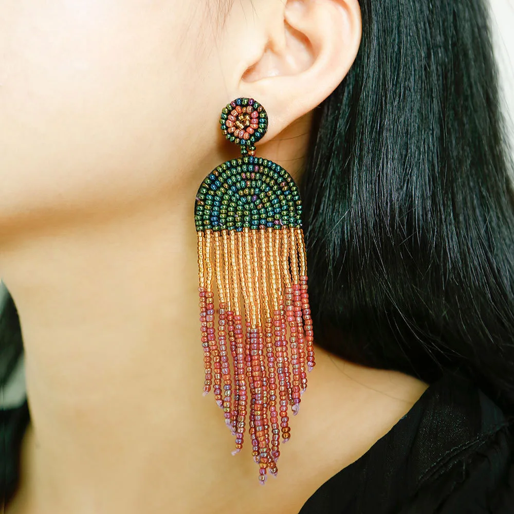 

Ethnic Style Handmade Multicolored Beads Fringe Drop Earrings Boho Handmade Beads Tassel Drop Earrings for Woman Fashion Jewelry