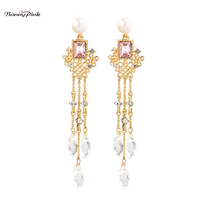 

Banny Pink Long Metal Chain Tassel Earrings For Women Chic Crystal Geometric Statement Earrings Pendant S925 Silver Pin Earrings