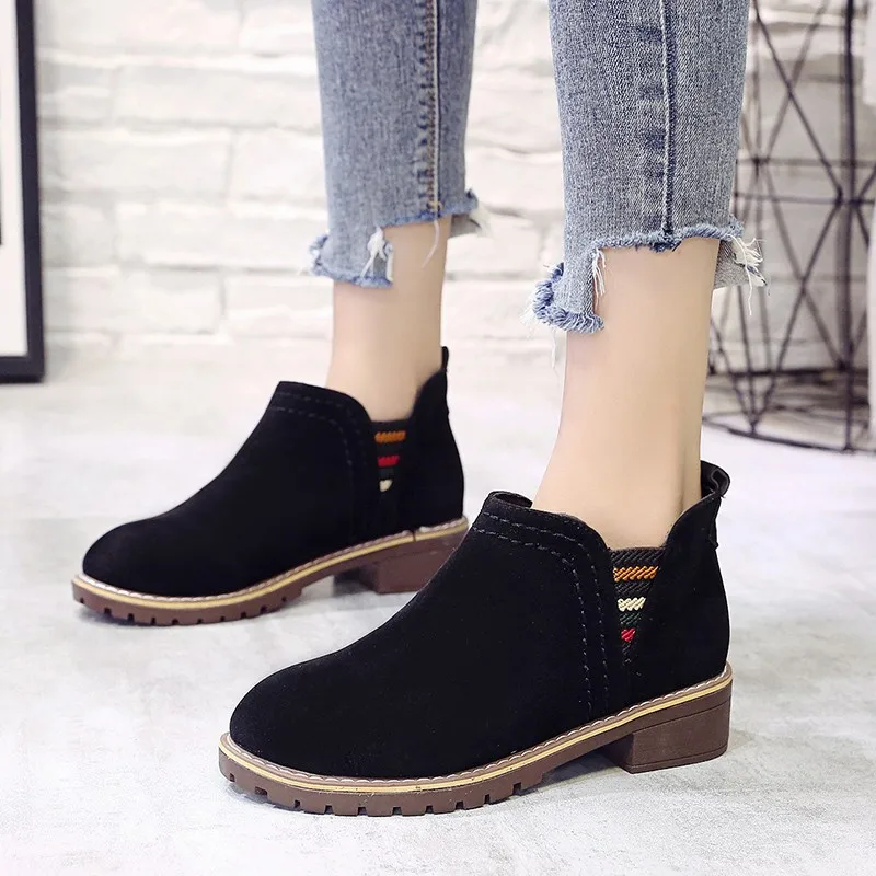

Low Heel Boots Women Autumn Winter Ankle Boots Classic style Flock Boots Woman Round Toe Bootie Femme Slip On Shoes