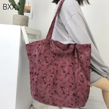 

[BXX] 2020 Women Corduroy Shopping Bag Female Shoulder Bag Environmental Handbag Reusable Foldable High Capacity Bag Totes HL008