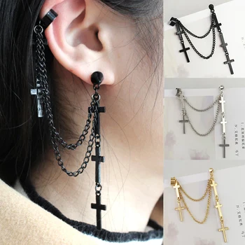 

Fashion Retro Cross Earrings Tassel Pendant Personality Black Silver Ladies Hip Hop Multi-Layer Student Earrings Party Jewelry