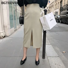 BGTEEVER Office Lady Solid Bodycon High Waist Long Pencil Plain Skirt for Women Spring Split Workwear Modern Female Skirts