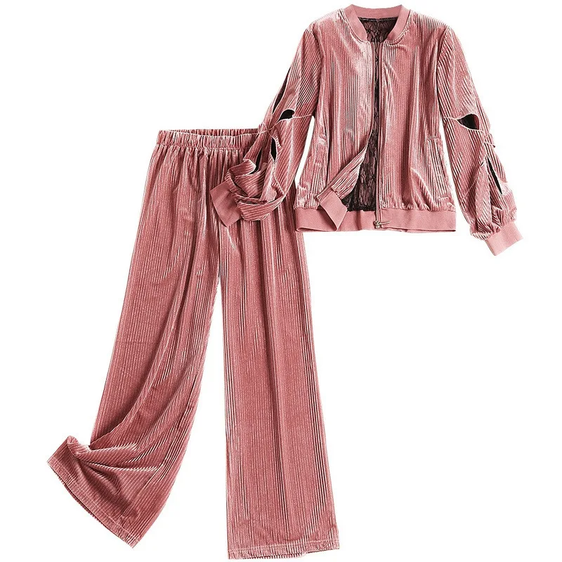 Высококачественный осенний Повседневный Женский вельветовый костюм, открытая куртка на молнии и эластичная резинка на талии, широкие длинные штаны, черный, розовый костюм