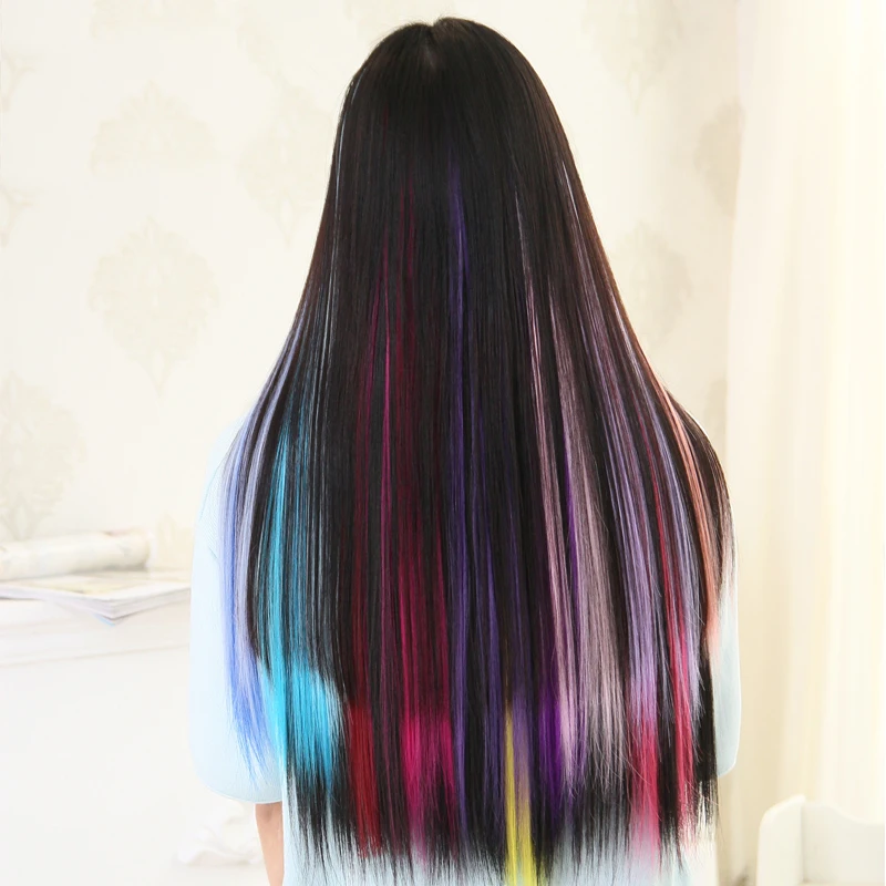Синтетические волосы с цветными полосками, длинные прямые волосы на одной заколке для наращивания, термостойкие женские волосы