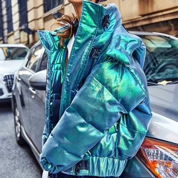 

Glossy WinterOutwear Cotton Padded Jacket Women Thick Bright Overcoat Laser Green Loose Jacket Hip Pop Streetwear Parkas Female