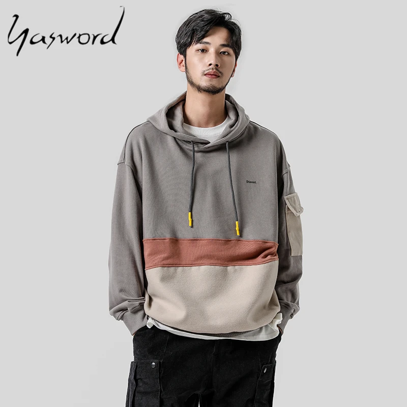 Yasword, Мужская толстовка, повседневная, осенняя, свободная, с капюшоном, с длинным рукавом, свитшоты, флисовый пуловер, мужские топы, пэчворк, хип-хоп, уличная одежда