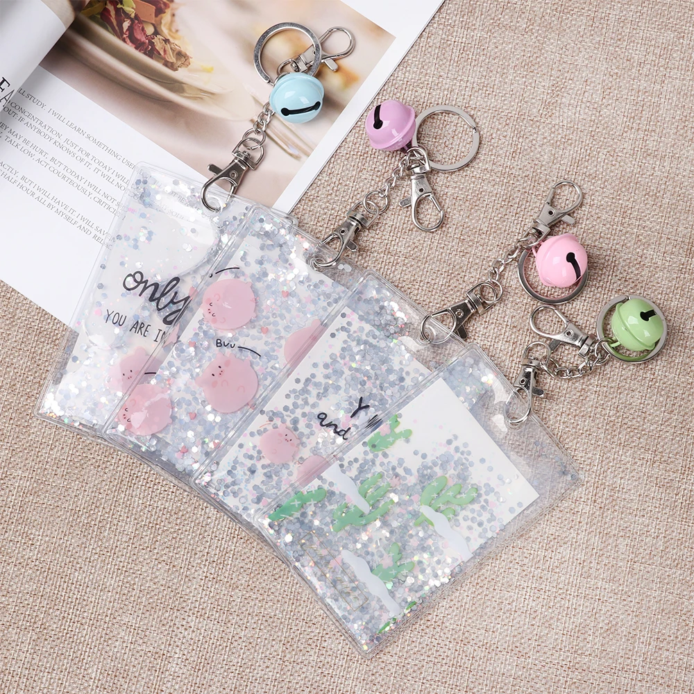 

Cheap Creative quicksand transparent cute pig sequin into the oil with key chain card holder Student bus set ID card set
