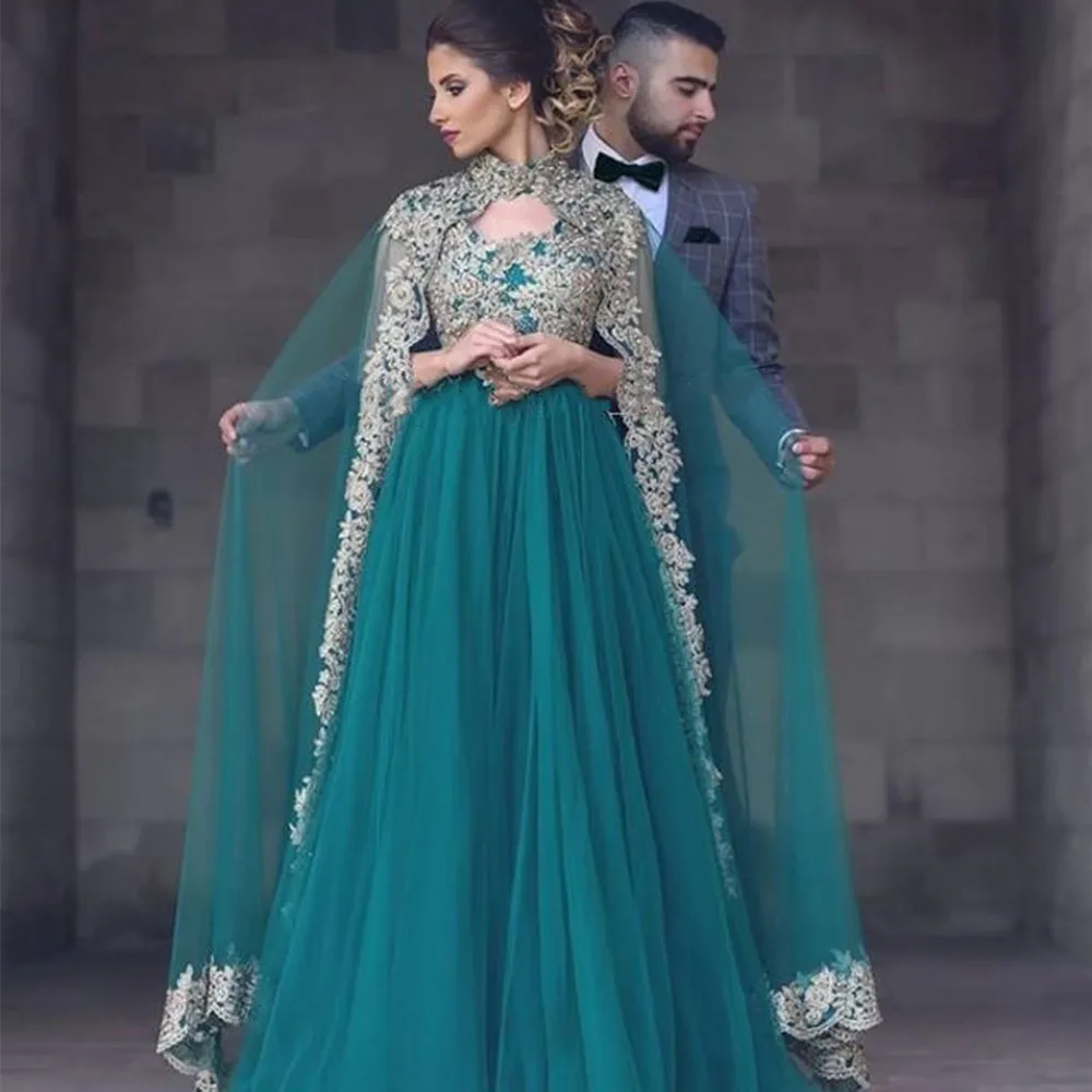 

Green Vintage Arabic Evening Dresses With High Collar Applied Floor Length Jacket Cape Tulle Formal Evening Gowns Long Prom Dres