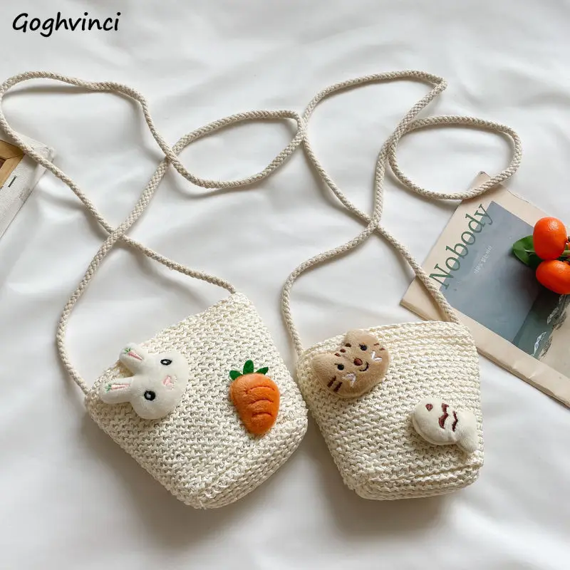 

Kids' Shoulder Bags Kawaii Straw Weave Knitting Korean Style Fashion Children All-match Mini Single-shoulder Bag Cute Rabbit New