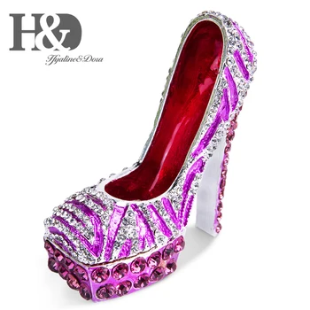 

H&D Pink Diamond Jeweled Leopard High Heels Trinket Boxes Hinged Hand-Painted Figurine Collectible Ring Holder with Gift Box